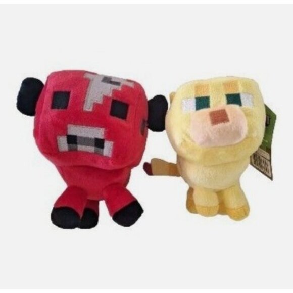 Jazwares Other - Minecraft Mooshroom & Ocelot Plush Set Red Yellow 7" Cow Cat 2014